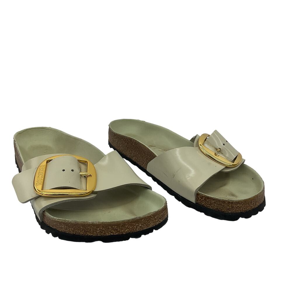 Birkenstock Cream Patent Madrid Sandals with Gold Buckles